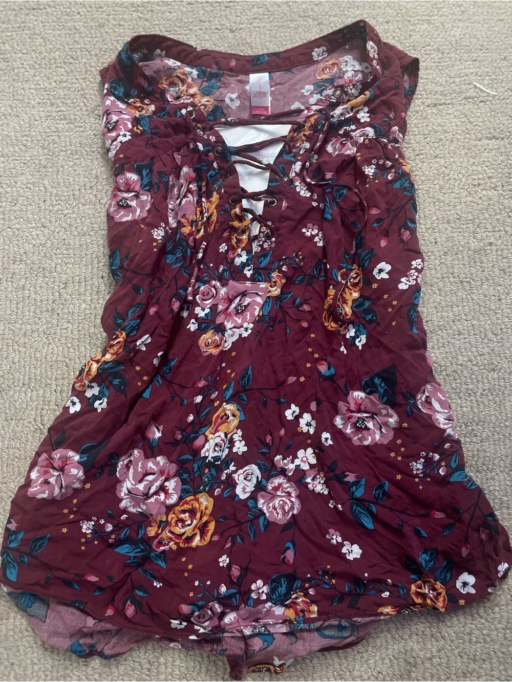 Xhilaration Burgundy Floral Lace-Up Tank
